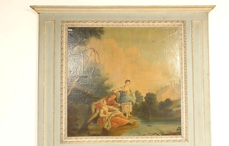 Trumeauspiegel Louis XVI, lackiertes Holz, HST, galante Fischerszene, 18. Jahrhundert