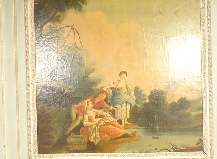 Trumeauspiegel Louis XVI, lackiertes Holz, HST, galante Fischerszene, 18. Jahrhundert