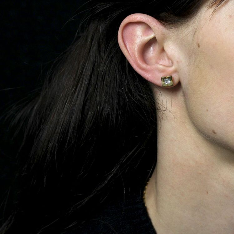 Boucles d'Oreilles Puces Or Jaune Aigue-marine Carrée