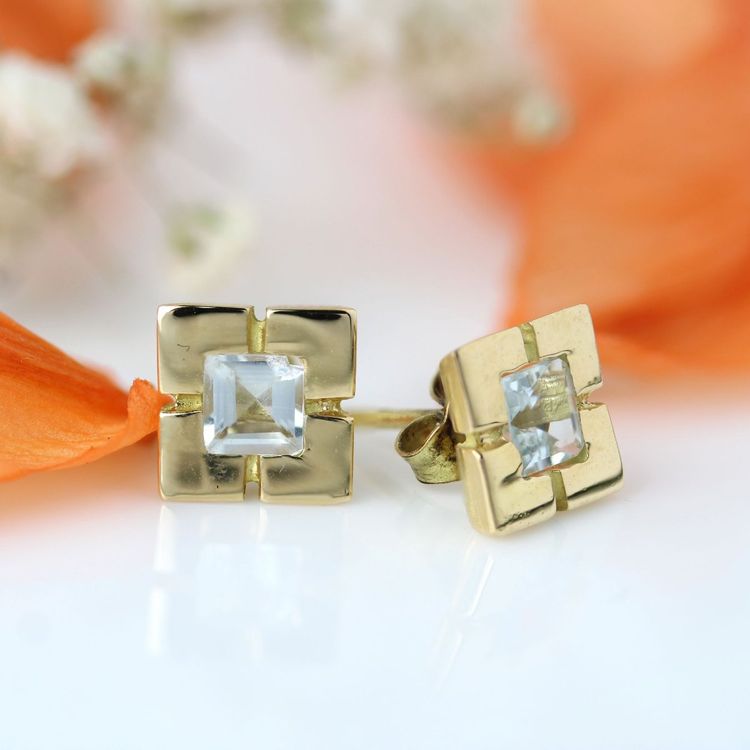 Boucles d'Oreilles Puces Or Jaune Aigue-marine Carrée