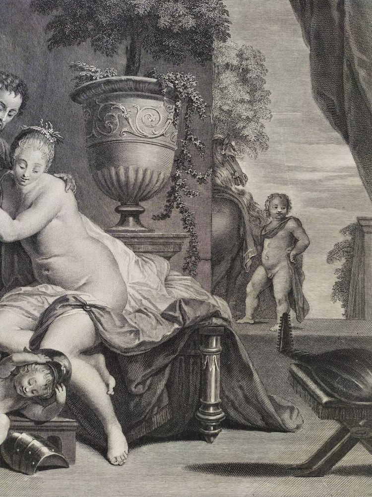 Incisione mitologica di Venere e Vittore da Nicolas Vleugels XVIII secolo