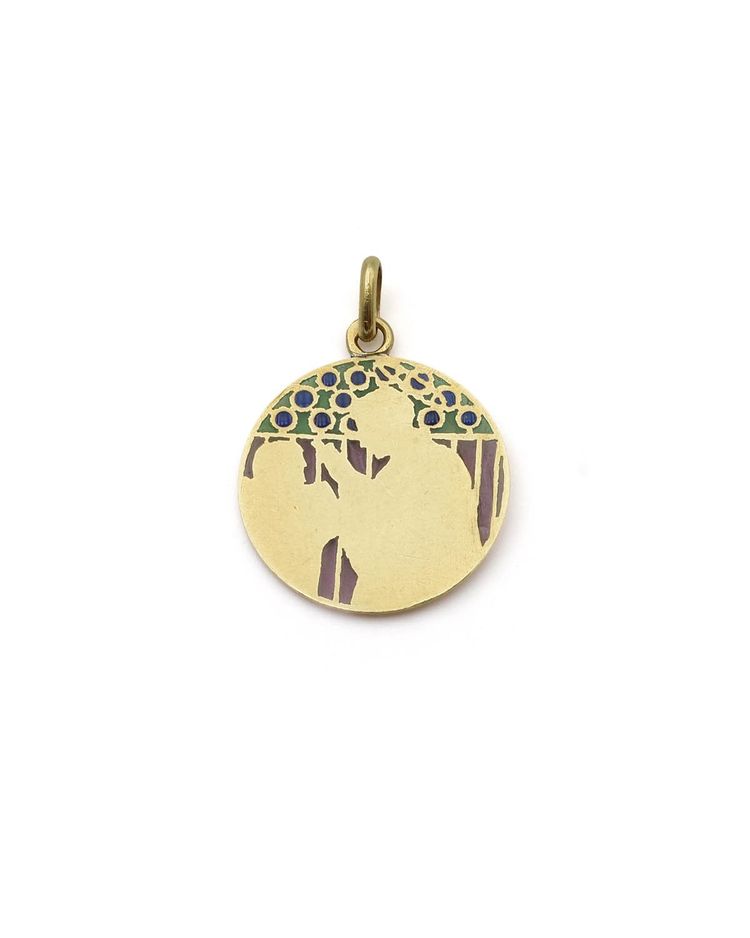 Anhänger „Saint Louis de Gonzague“ aus 18 Karat Gold, religiöse Medaille, Plique-à-jour-Emaille