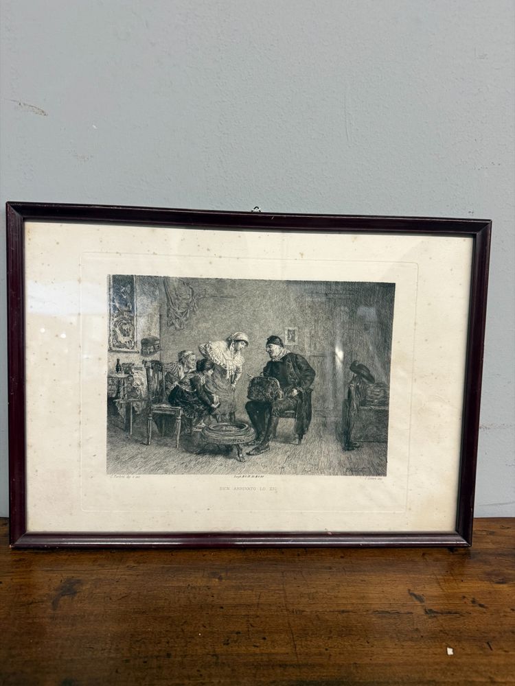 Antica incisione '800 Celestino Turletti. Ben arrivato Lo Zio, 44x32cm