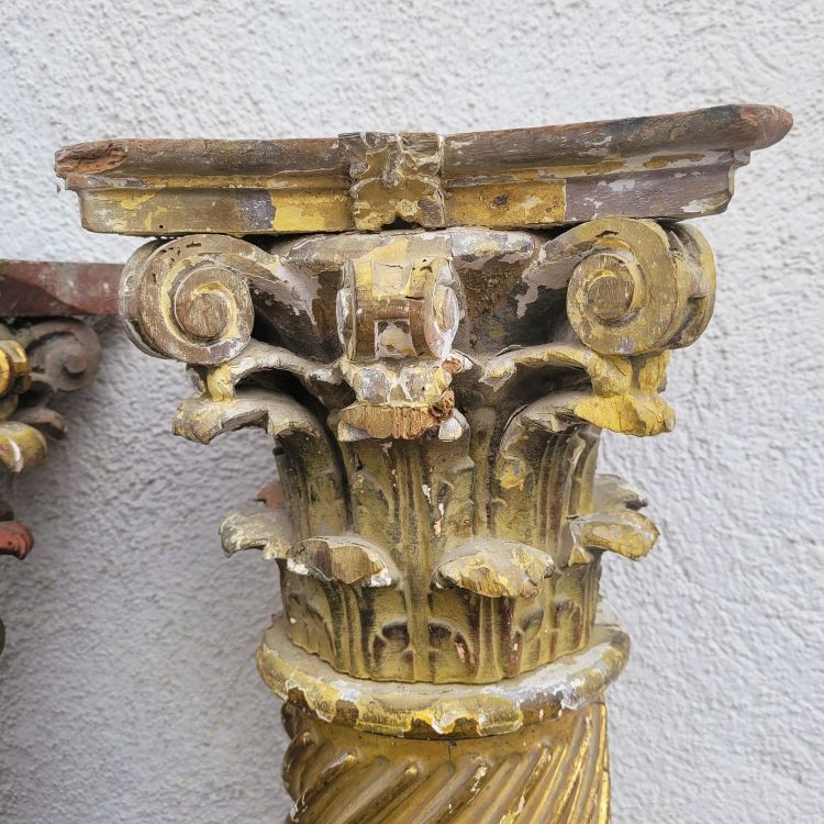 Pair of gilded and carved wood columns, 17th century