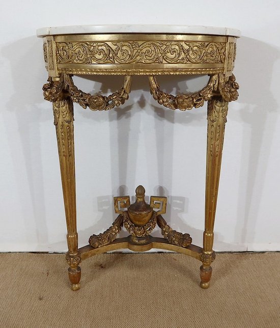  Console d’appui Demi-lune en Marbre et Bois doré, Louis XVI – Milieu XIXe 