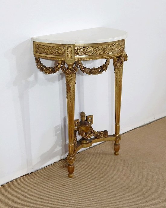  Console d’appui Demi-lune en Marbre et Bois doré, Louis XVI – Milieu XIXe 