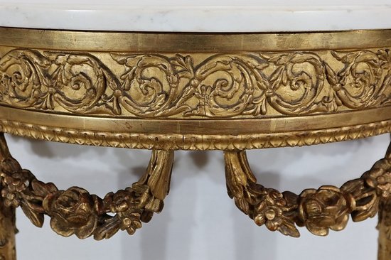  Console d’appui Demi-lune en Marbre et Bois doré, Louis XVI – Milieu XIXe 
