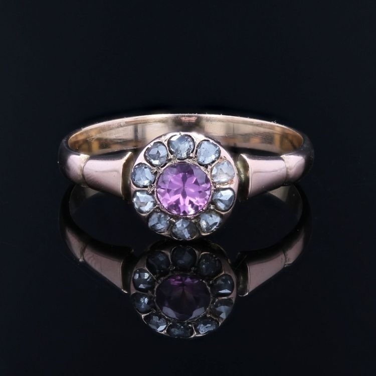 Bague ancienne saphir rose et diamants taillés en rose