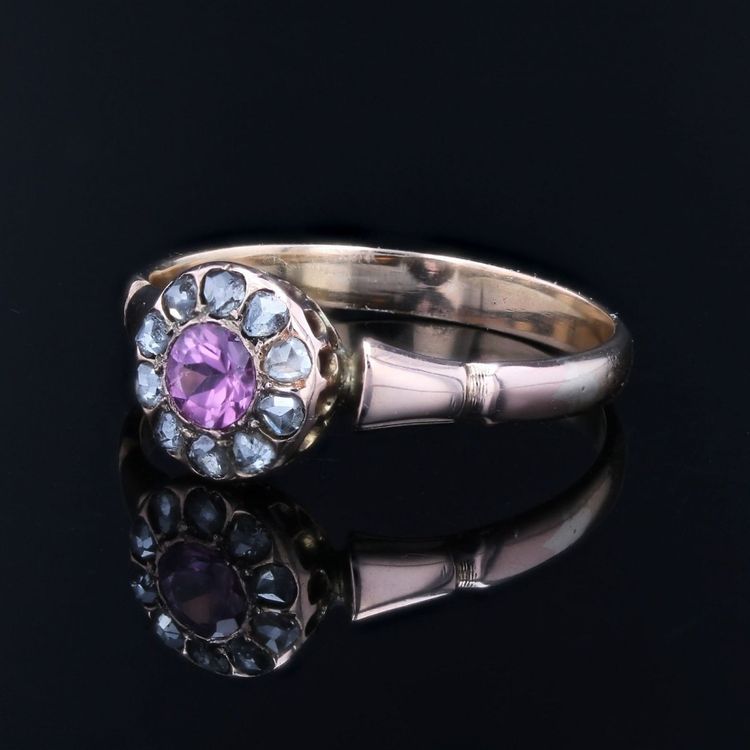 Bague ancienne saphir rose et diamants taillés en rose