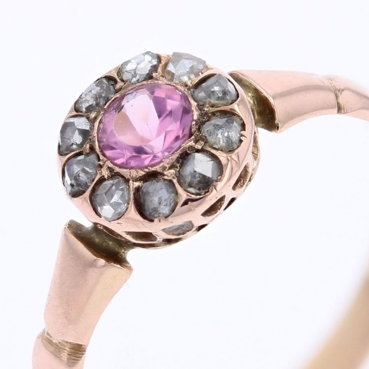 Bague ancienne saphir rose et diamants taillés en rose