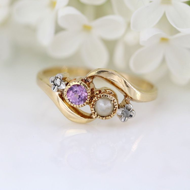 Bague toi et moi perle fine saphir rose et diamants