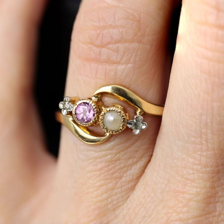 Bague toi et moi perle fine saphir rose et diamants