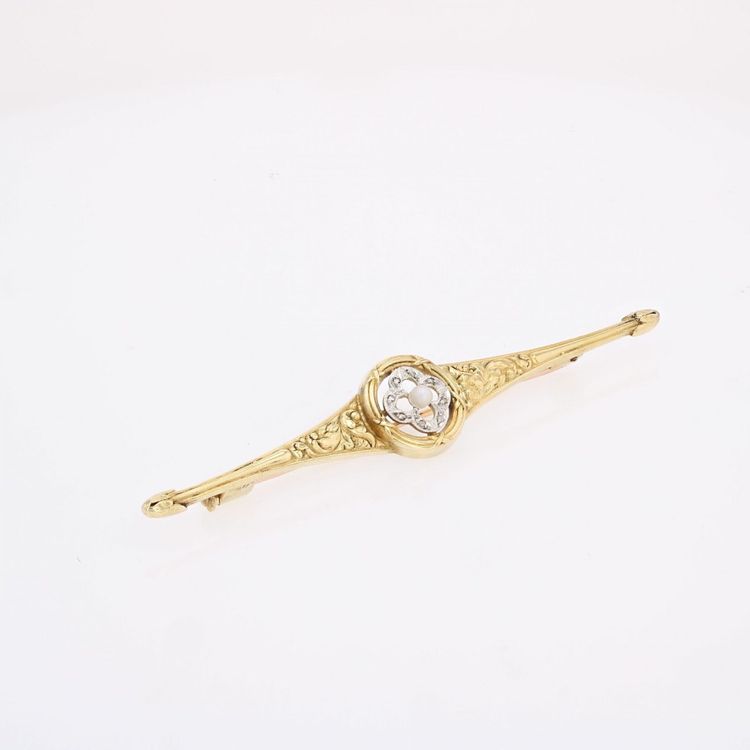 Alte Brosche mit Barrett aus feiner Perle und Diamanten