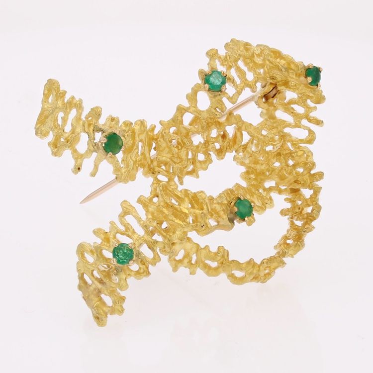 Broche noeud émeraudes or jaune rétro