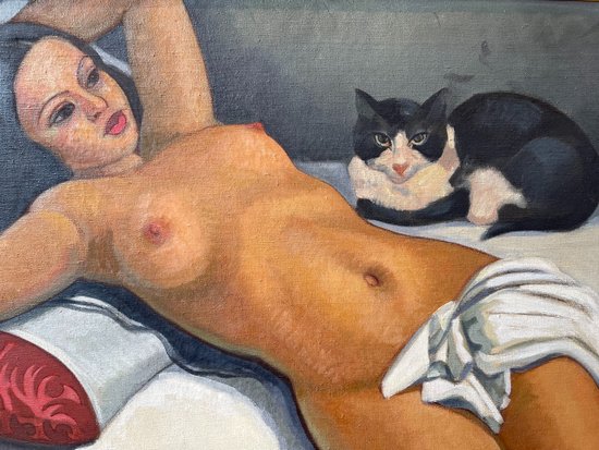 « Nu au chat », huile sur toile de G. J. Matthey, France, Art Déco, circa 1935