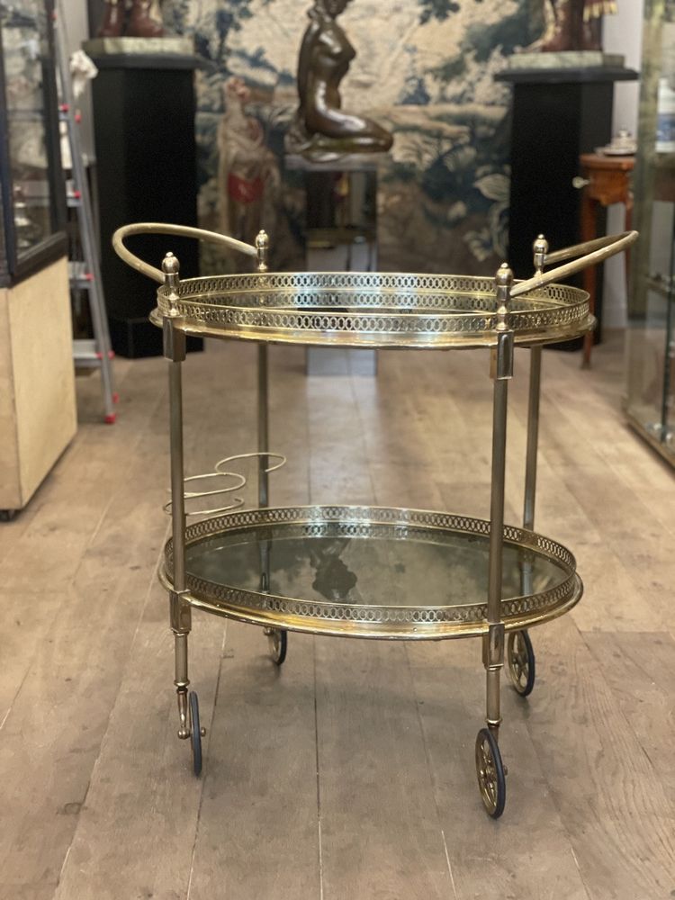 Rolltisch, Bar aus Messing und Rauchglas -Frankreich Jahr 1950-1960