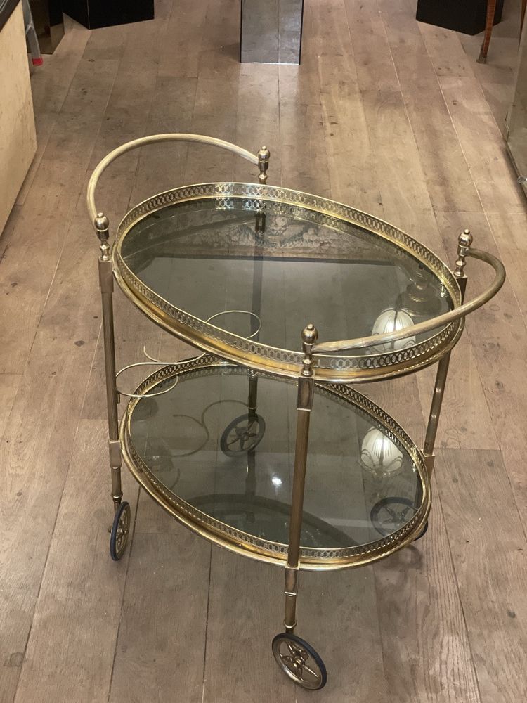 Rolltisch, Bar aus Messing und Rauchglas -Frankreich Jahr 1950-1960