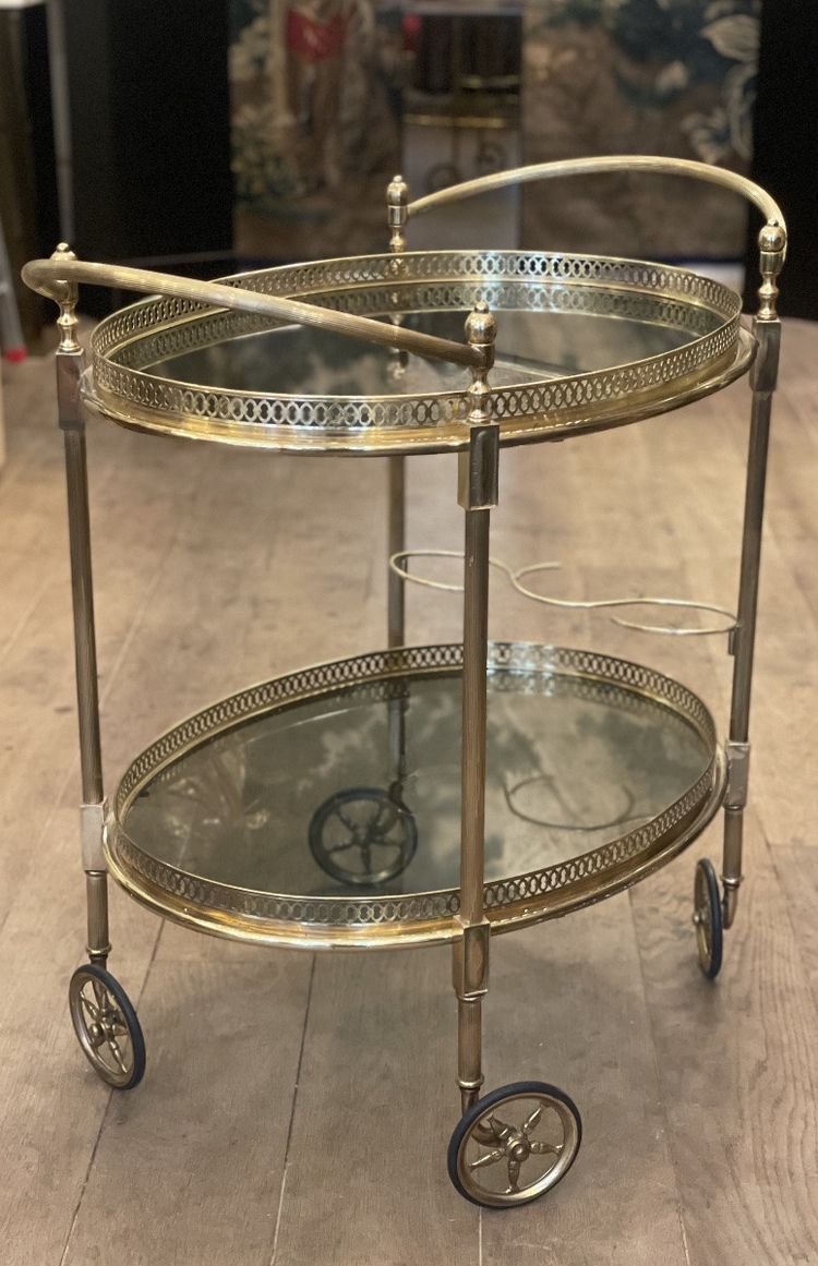 Rolltisch, Bar aus Messing und Rauchglas -Frankreich Jahr 1950-1960