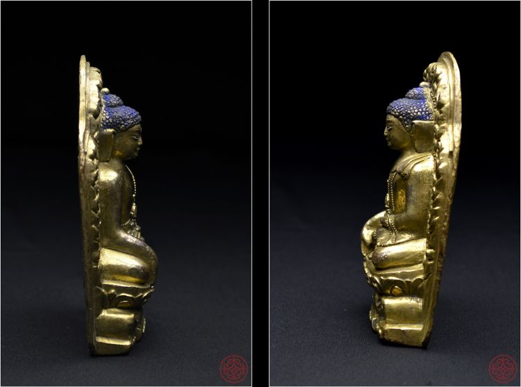 Tibet, XVIIIème siècle, Représentation du Bouddha de la Terre Pure, Bronze doré polychrome