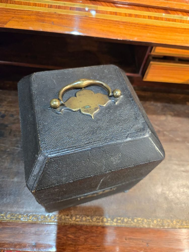 Black leather-covered portable medicine chest, circa 1760-1780.