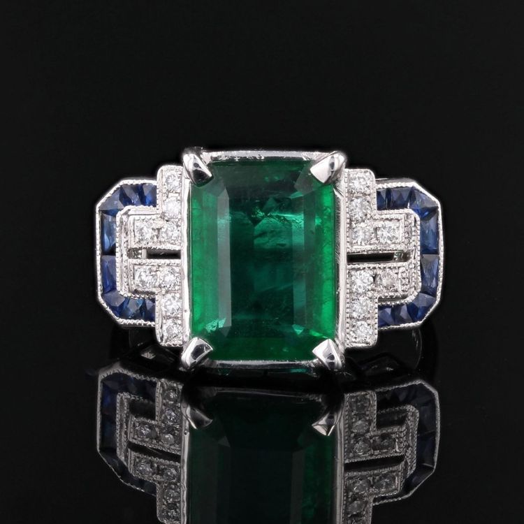 Bague émeraude diamants saphirs style art déco
