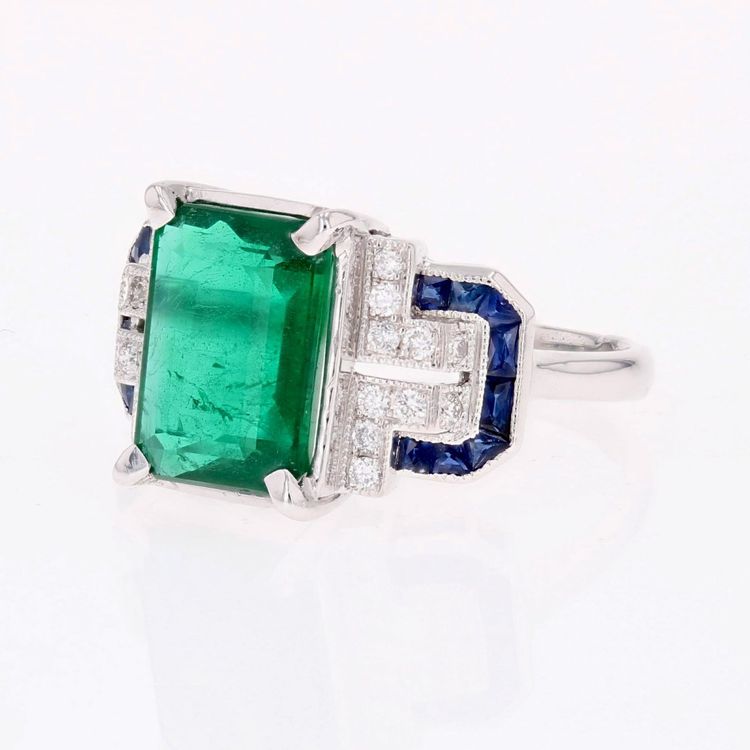 Bague émeraude diamants saphirs style art déco