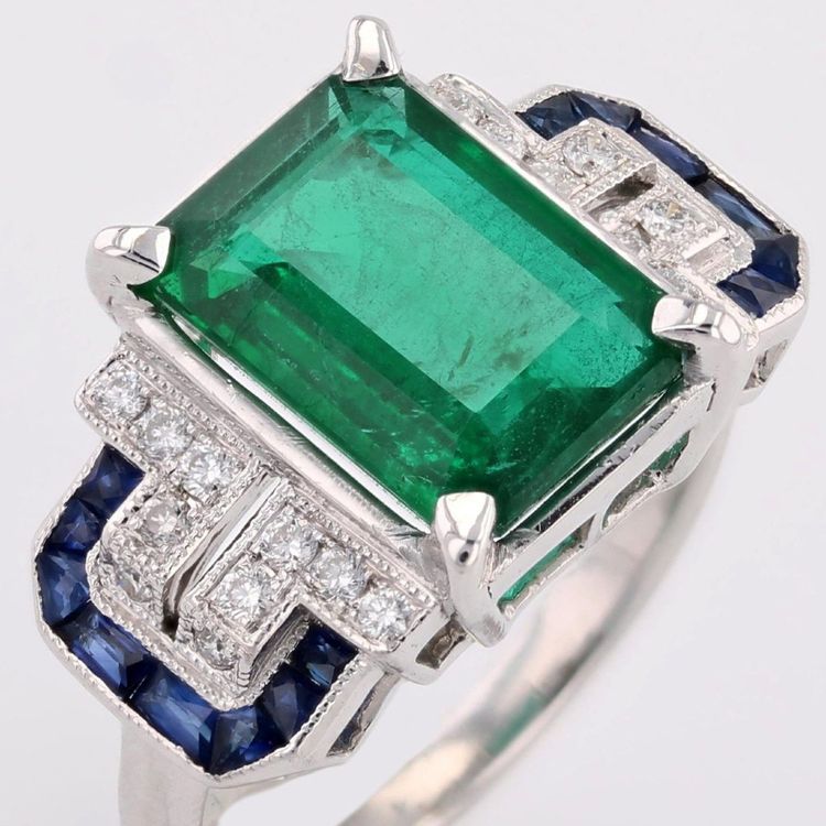 Bague émeraude diamants saphirs style art déco
