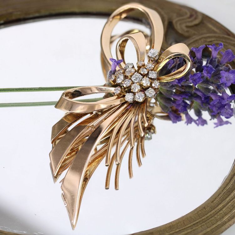 Spilla a fiocco vintage in oro rosa e diamanti