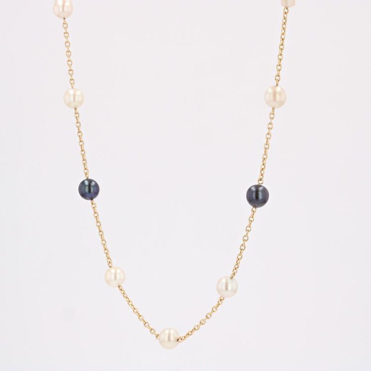 Collier or jaune perles de culture blanches et grises