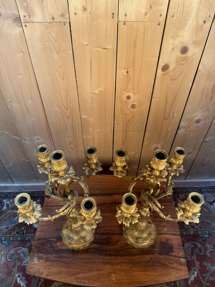 Pair of Louis XV style candelabra in gilded bronze signed Ferdinand Barbedienne