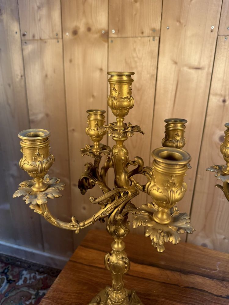 Pair of Louis XV style candelabra in gilded bronze signed Ferdinand Barbedienne