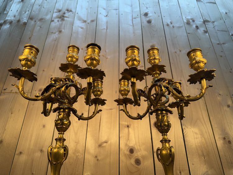 Pair of Louis XV style candelabra in gilded bronze signed Ferdinand Barbedienne