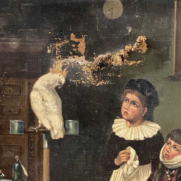 Oil on canvas, interior scene, young children with a parrot, 19th century