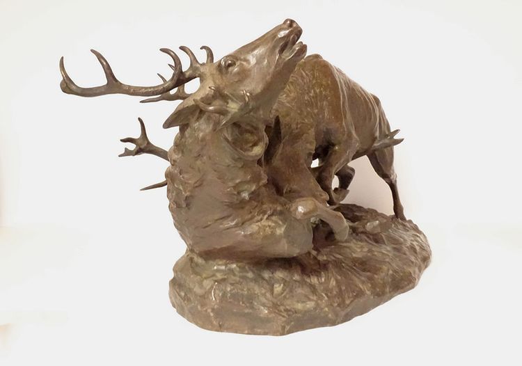 Grande sculpture bronze Ernest Dagonet Combat Cerfs sculpteur animalier 19è