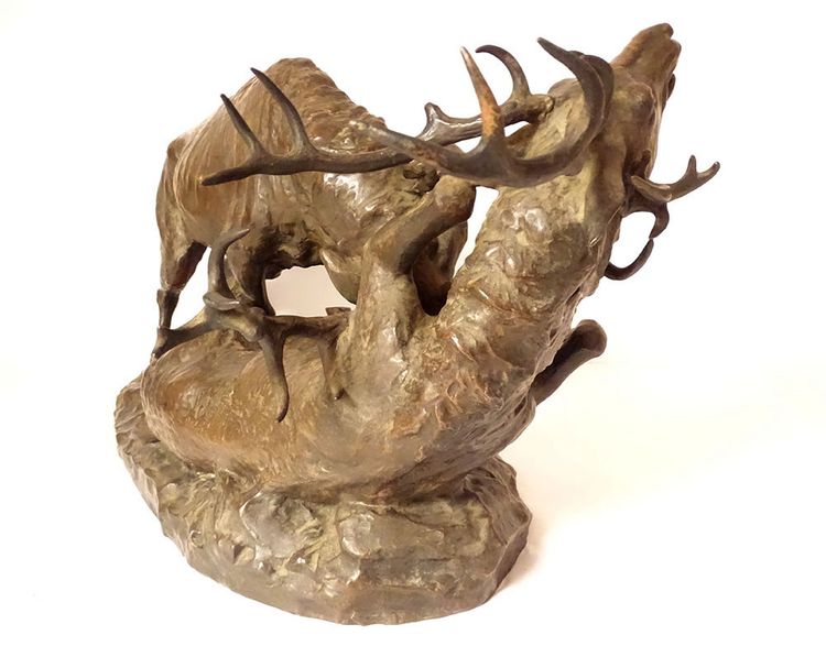 Grande sculpture bronze Ernest Dagonet Combat Cerfs sculpteur animalier 19è