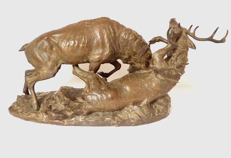 Grande sculpture bronze Ernest Dagonet Combat Cerfs sculpteur animalier 19è