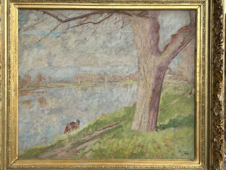 Pierre Eugène MONTEZIN (1874-1946) huile sur carton - paysage lacustre 