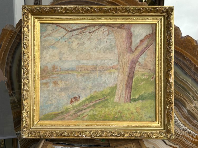Pierre Eugène MONTEZIN (1874-1946) huile sur carton - paysage lacustre 