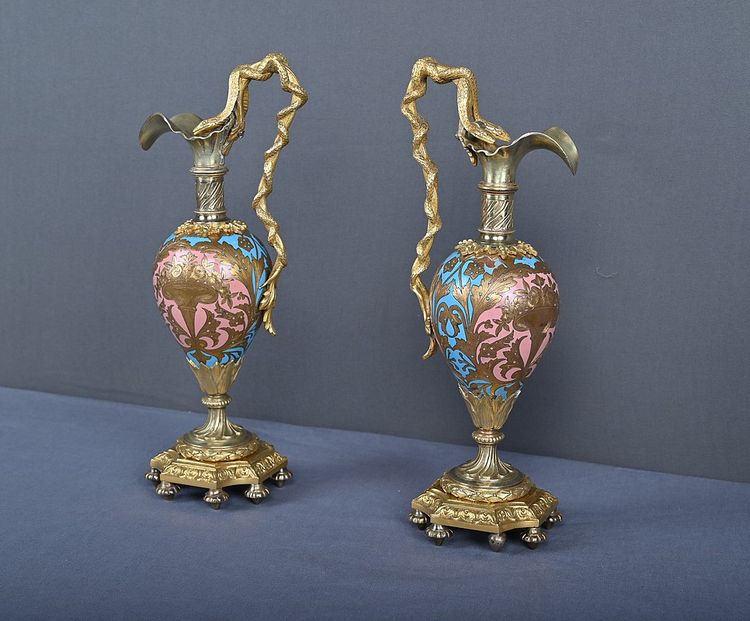 Pair of Bronze & Cloisonné Enamel Ewers, Napoleon III Period – Mid-19th Century