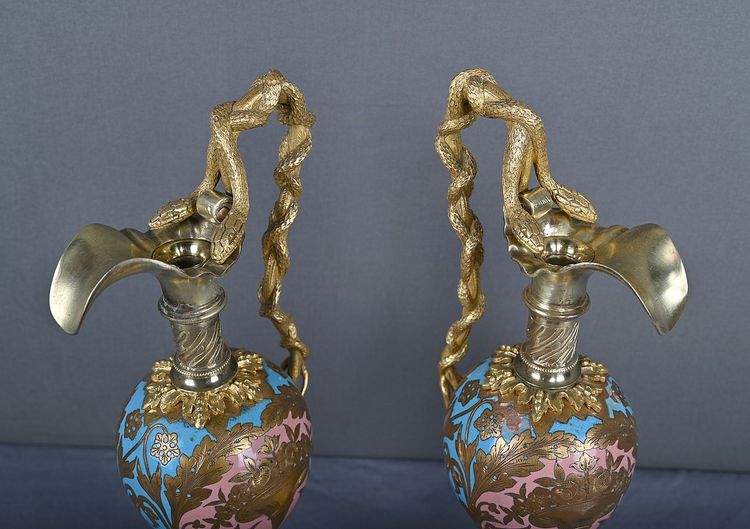 Pair of Bronze & Cloisonné Enamel Ewers, Napoleon III Period – Mid-19th Century