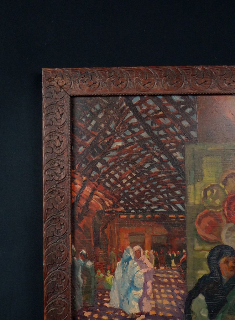 "The Souk," oil on panel, Orientalist style, signed E. Feher, dated 1935