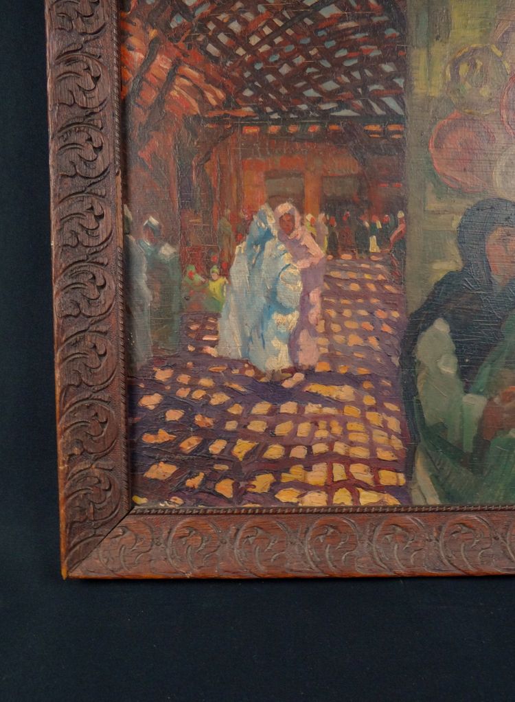 "The Souk," oil on panel, Orientalist style, signed E. Feher, dated 1935