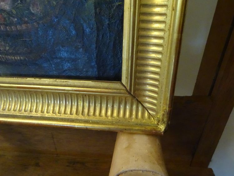 Ritratto antico del XVIII secolo di una bambina con un vestito blu e un cesto di fiori