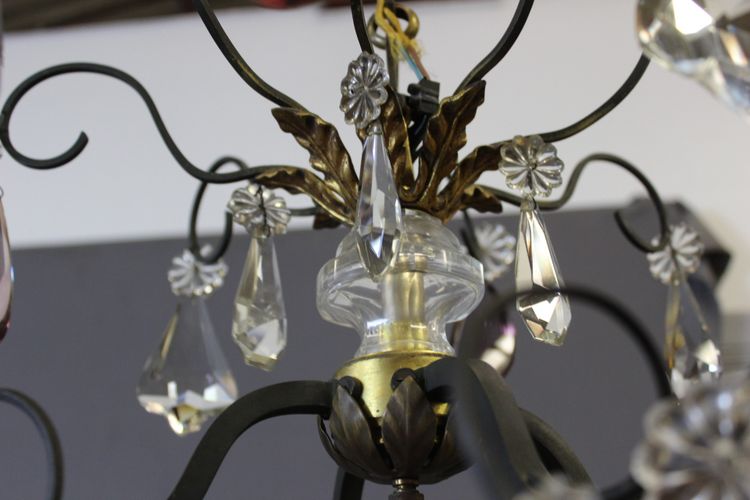 Lampadario con gocce di cristallo e bronzo, diametro 66 cm, circa 1900