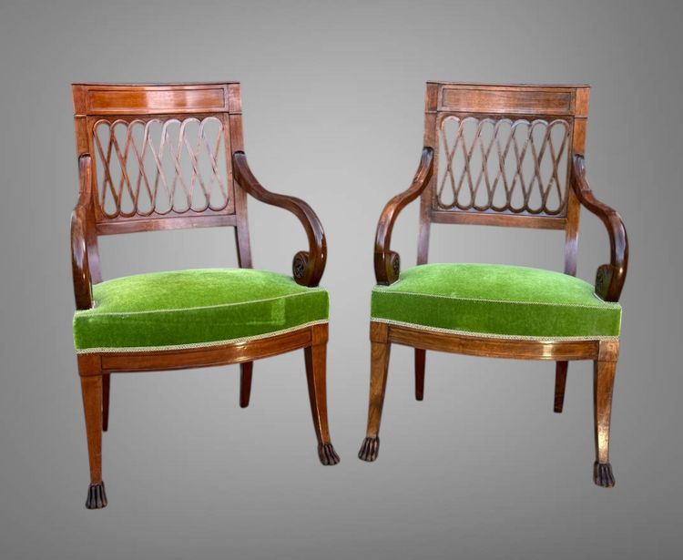 PAIR OF EMPIRE STYLE MAHOGANY ARMCHAIRS WITH WELL-UPHOLSTERED OPENWORK BACKS