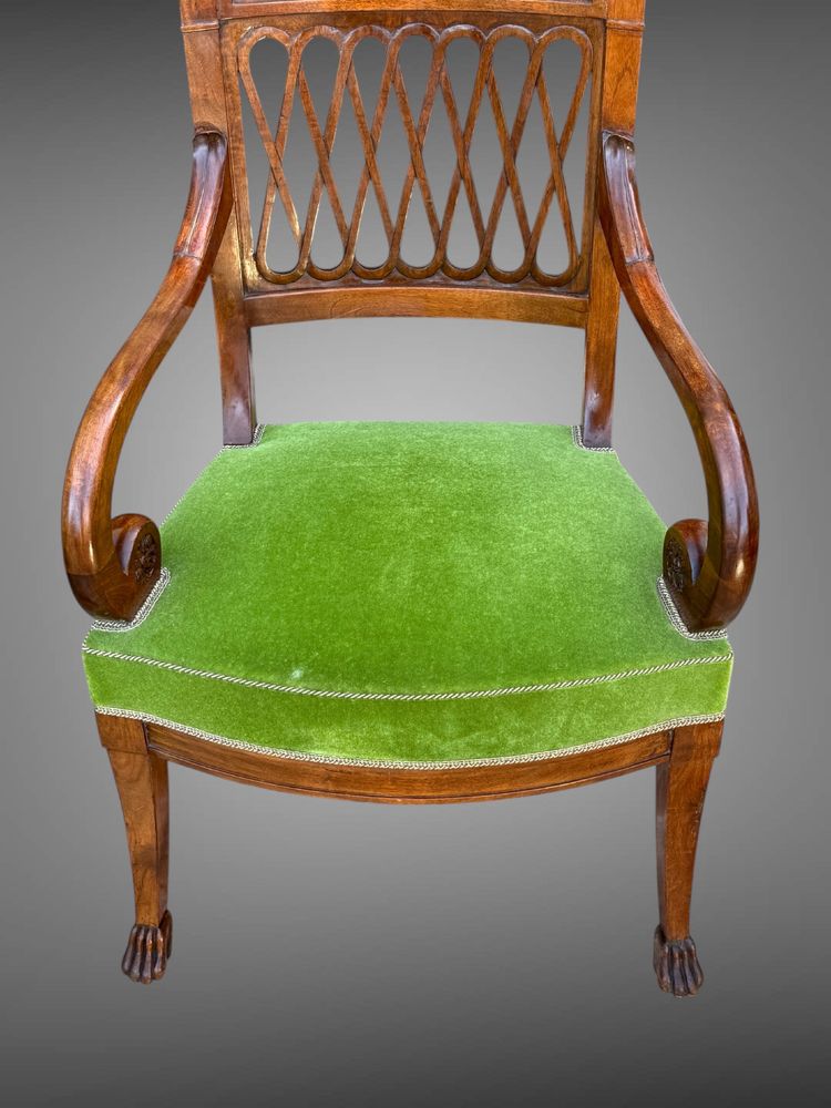 PAIR OF EMPIRE STYLE MAHOGANY ARMCHAIRS WITH WELL-UPHOLSTERED OPENWORK BACKS