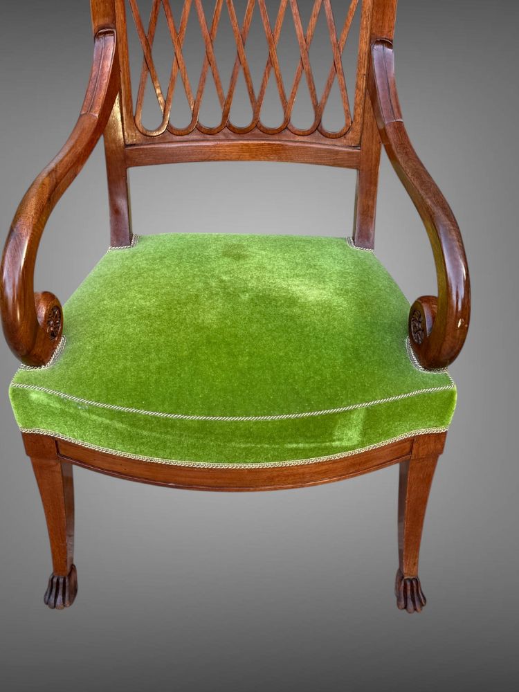PAIR OF EMPIRE STYLE MAHOGANY ARMCHAIRS WITH WELL-UPHOLSTERED OPENWORK BACKS
