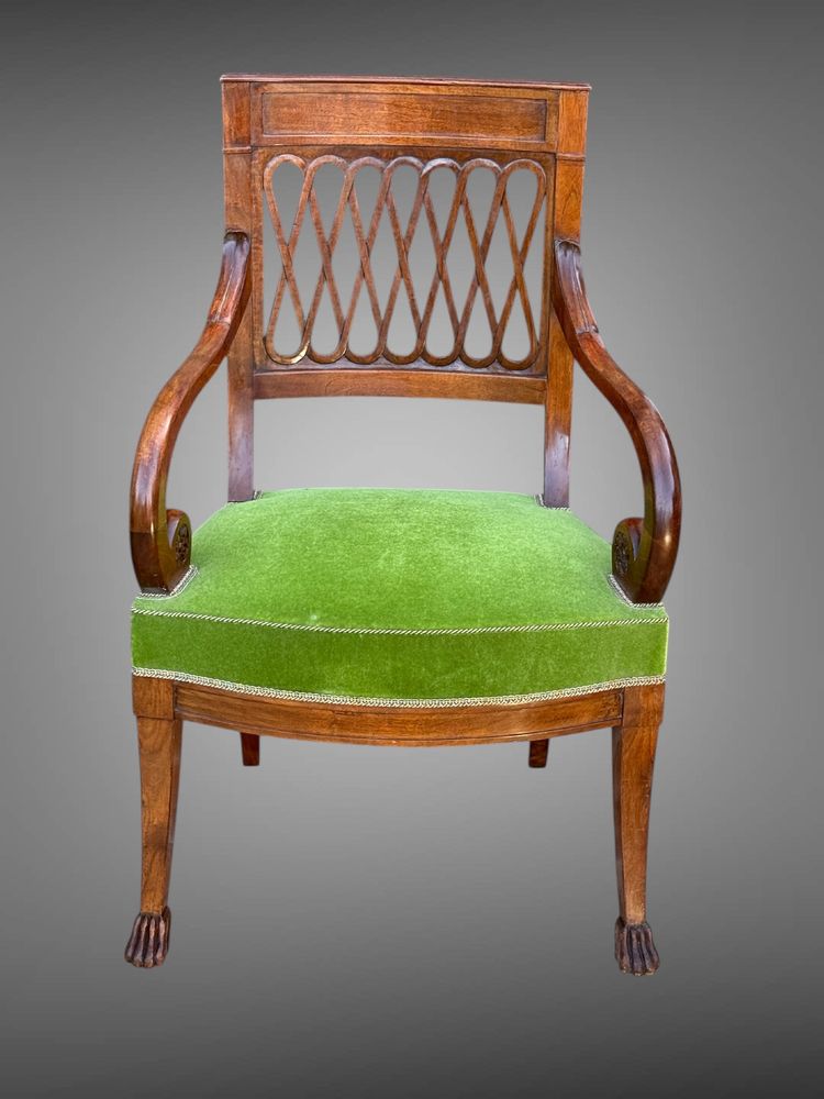 PAIR OF EMPIRE STYLE MAHOGANY ARMCHAIRS WITH WELL-UPHOLSTERED OPENWORK BACKS