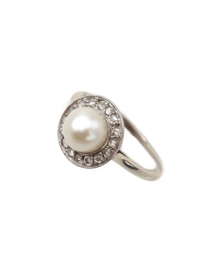 Bague diamants perle fine Art Deco en or 18k blanc, bague circulaire, bague ancienne