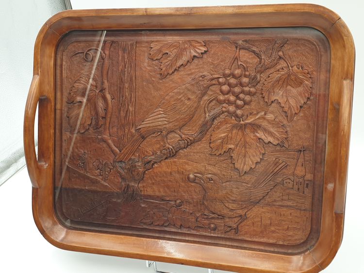 Service tray in carved wood - Birds picking grapes - Signed BOUTILLON